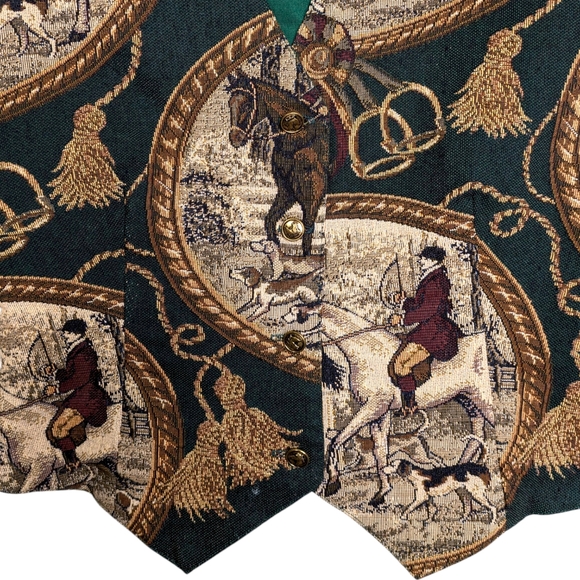 Vintage Equestrian Tapestry Vest Green Gold Horse Scene S - Picture 3 of 9